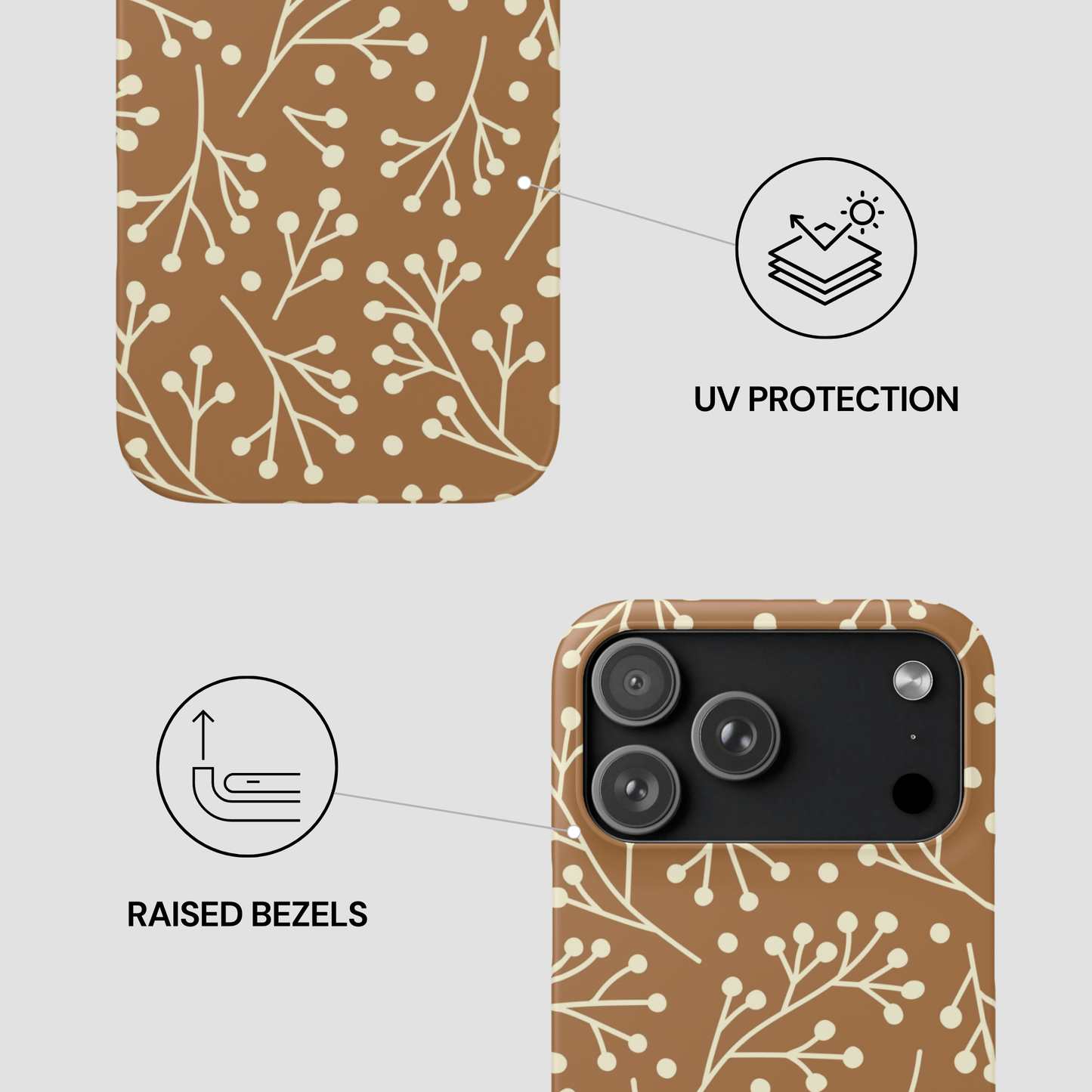 Phone case with brown and beige floral pattern, UV protection, and raised bezels on a light gray background.