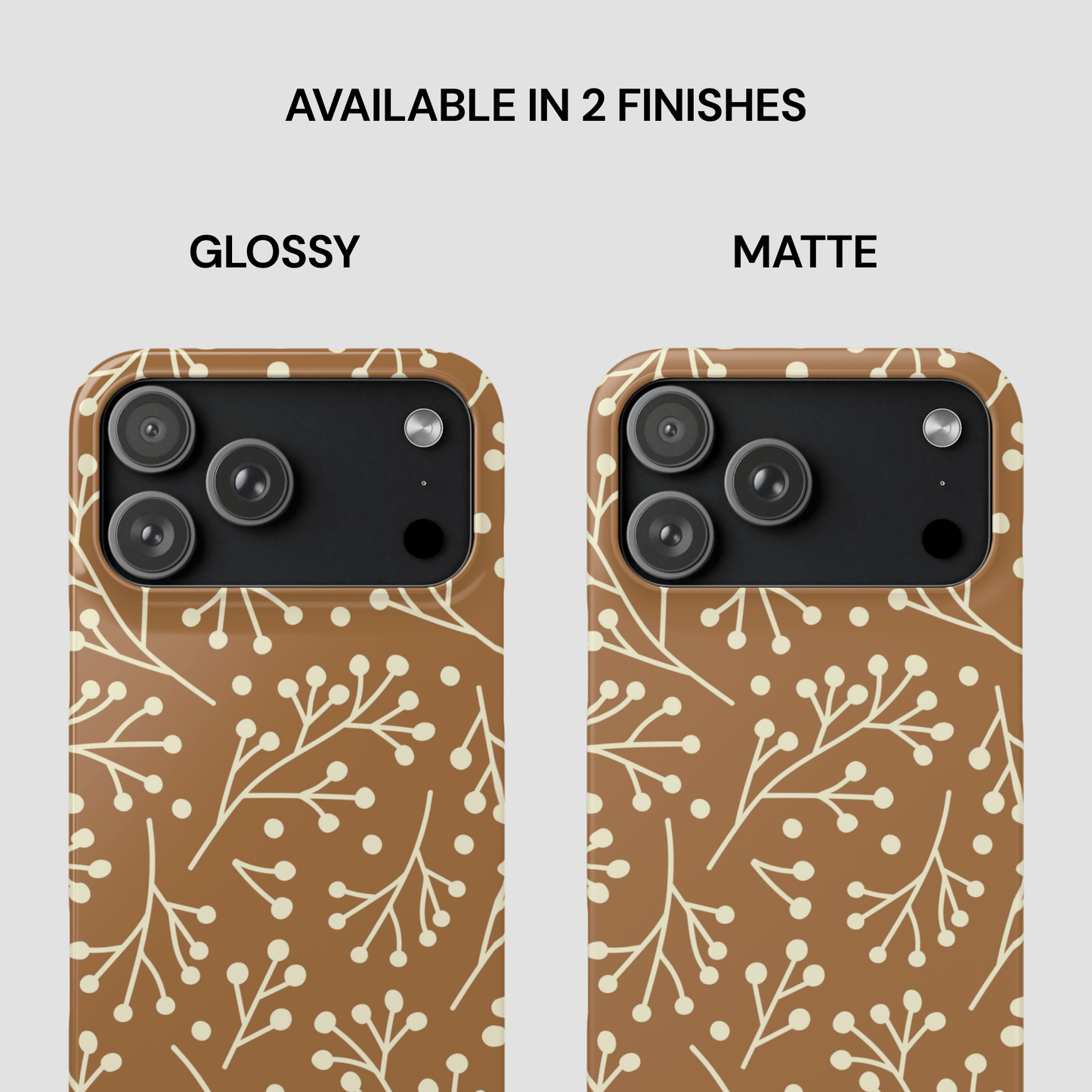 Two phone case designs with floral pattern, one glossy and one matte, on a white background.