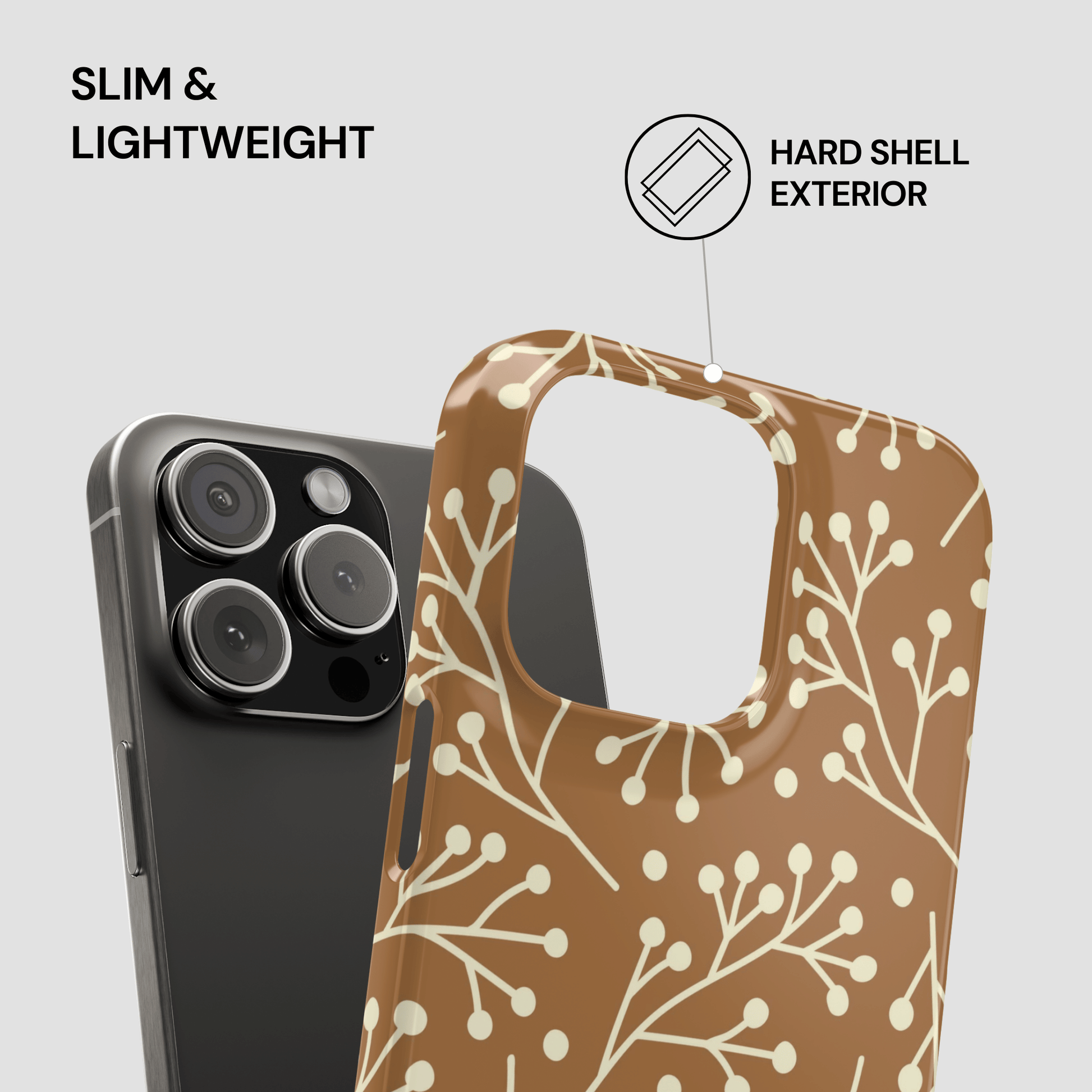 Phone case with floral pattern and text highlighting features on a gray background