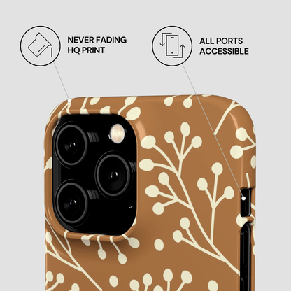 Phone case with floral pattern and features text on a light gray background