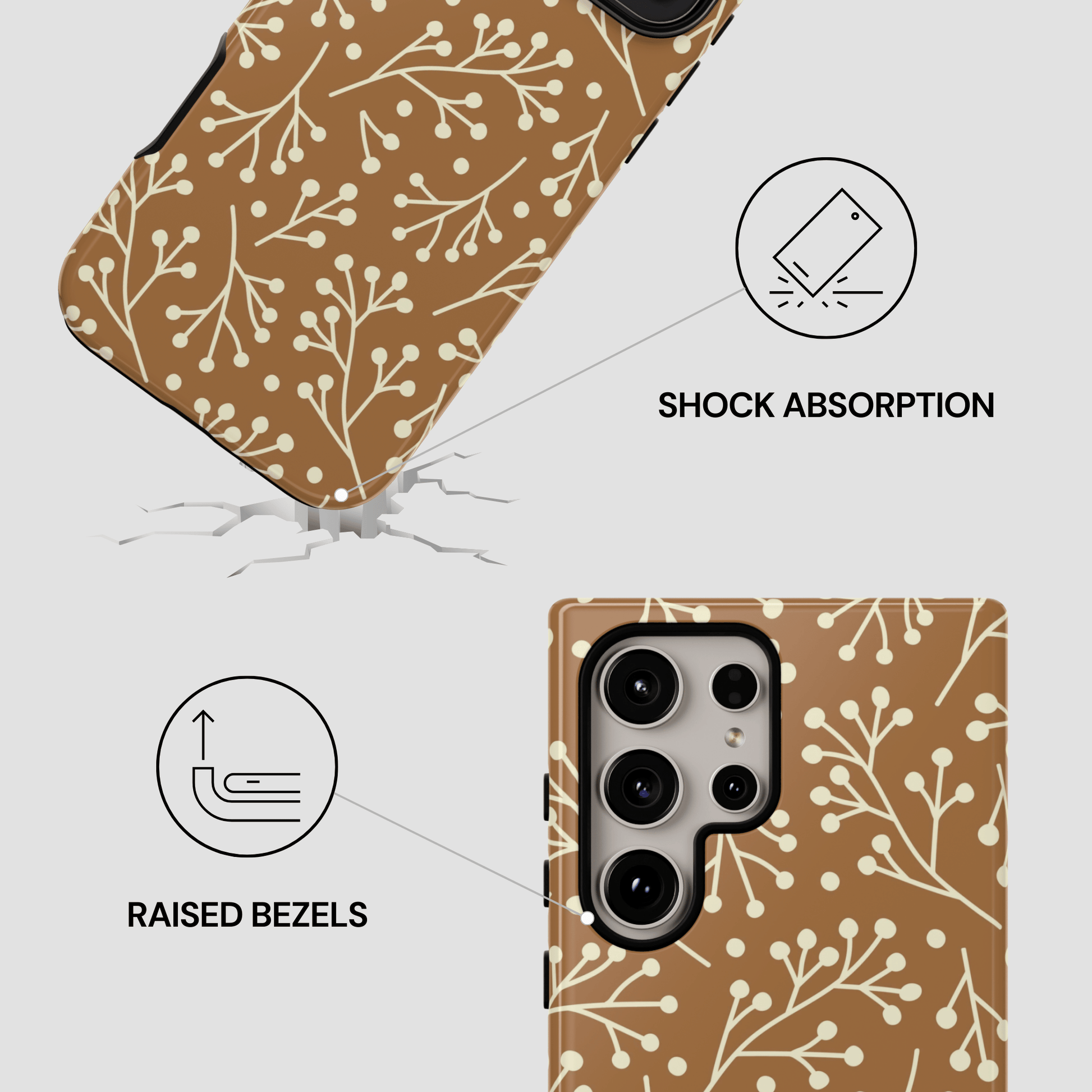 Phone case with brown floral pattern and features highlighted on a white background