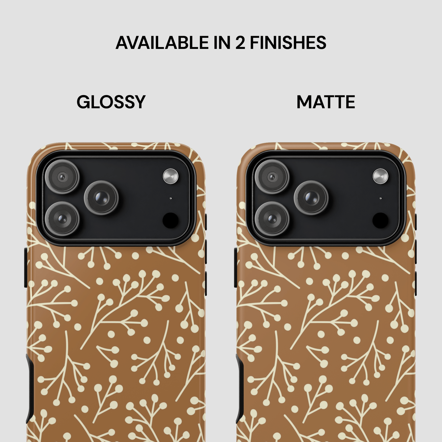 Two phone cases with a floral pattern, one glossy and one matte, on a white background.
