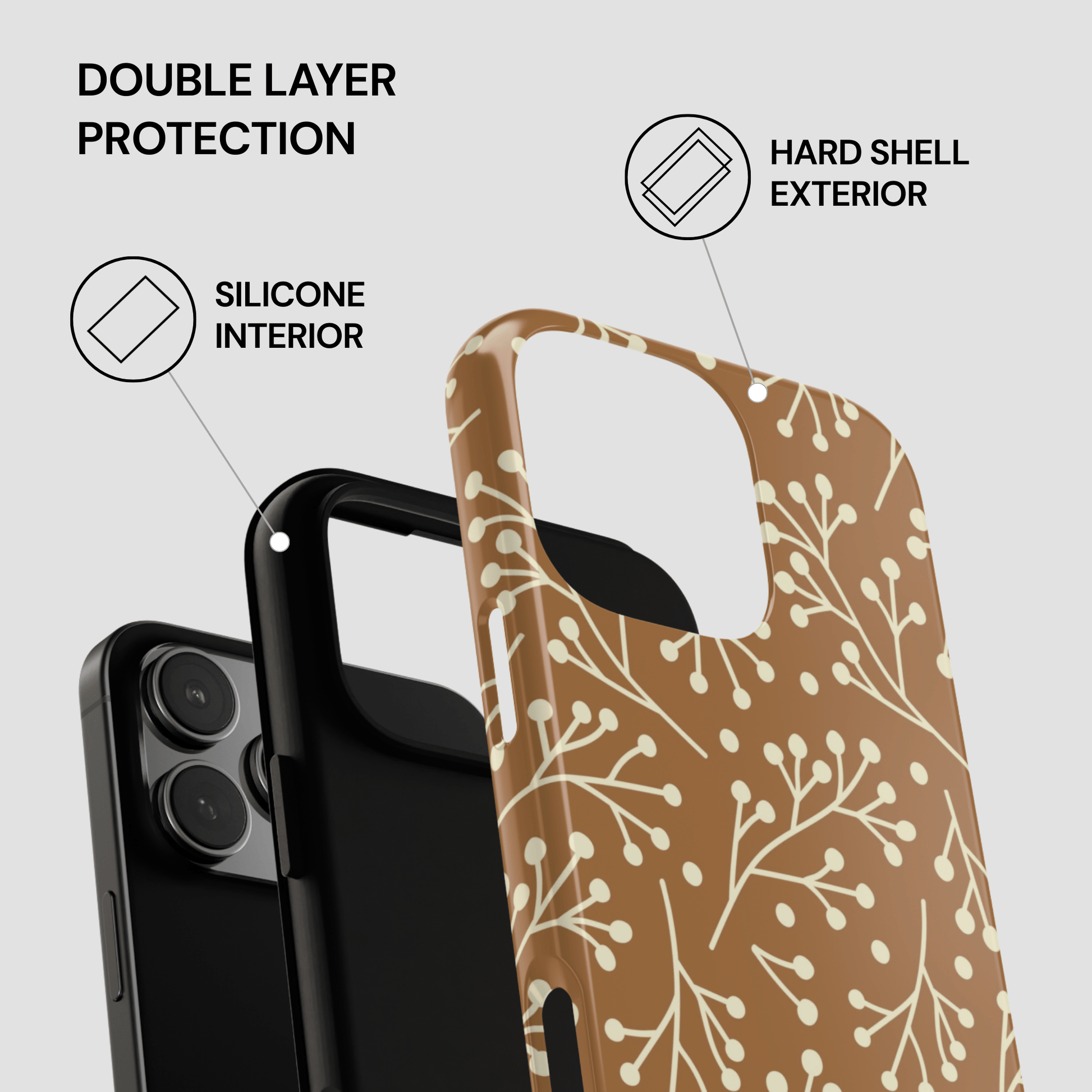Phone case with floral pattern and text highlighting double layer protection on a white background