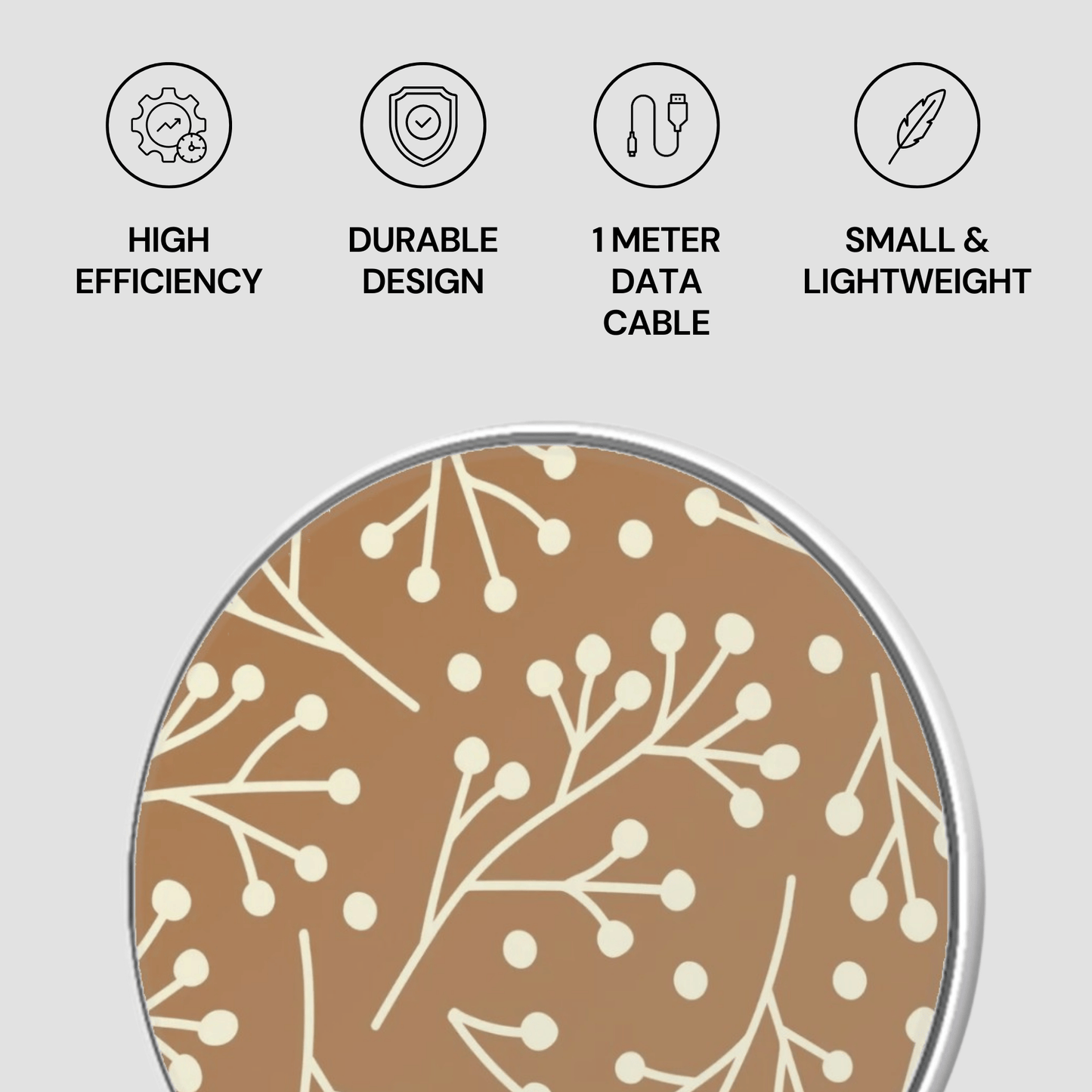 Product with design features labeled as high efficiency, durable design, 1 meter data cable, and small & lightweight on a light gray background.