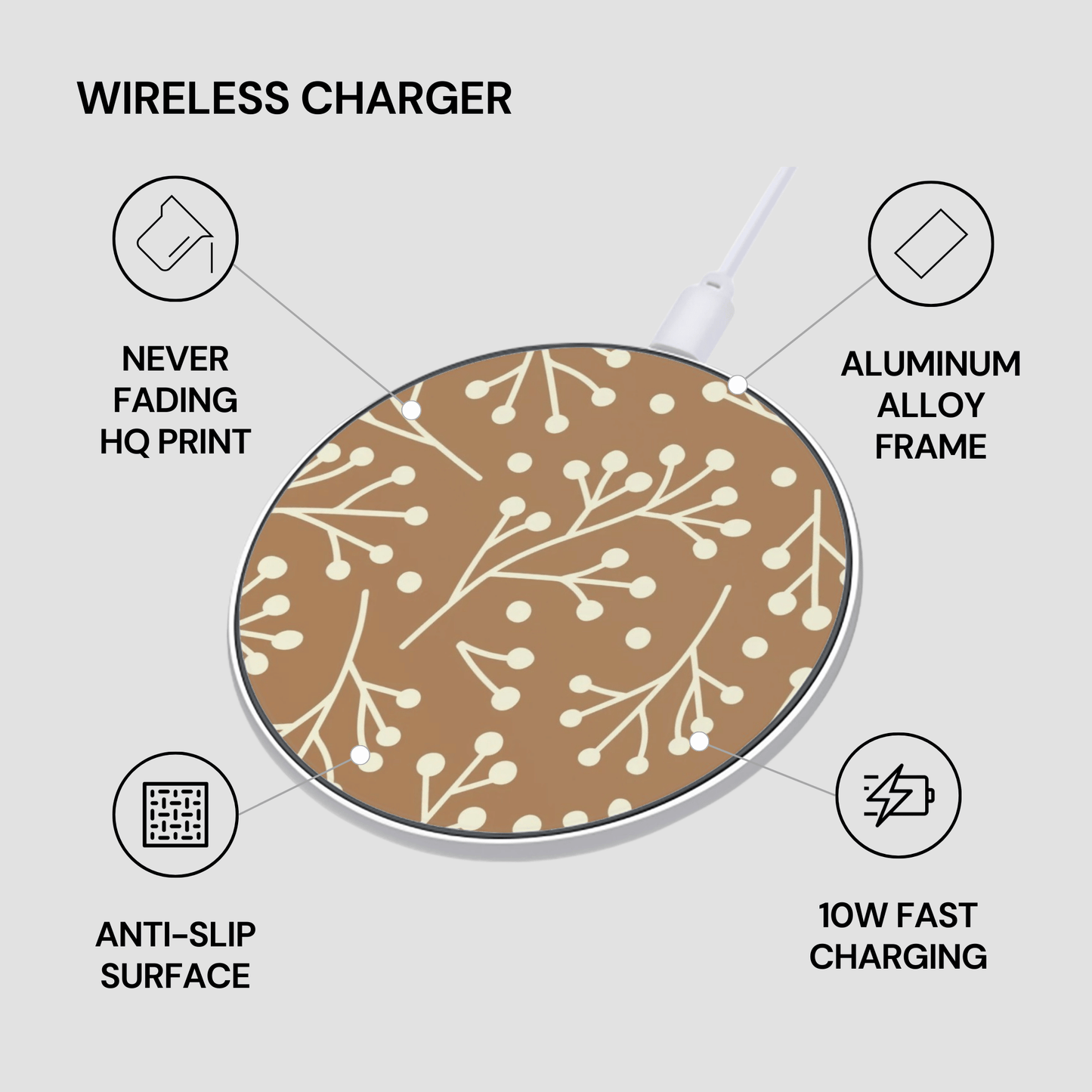 Wireless charger with floral pattern on a gray background