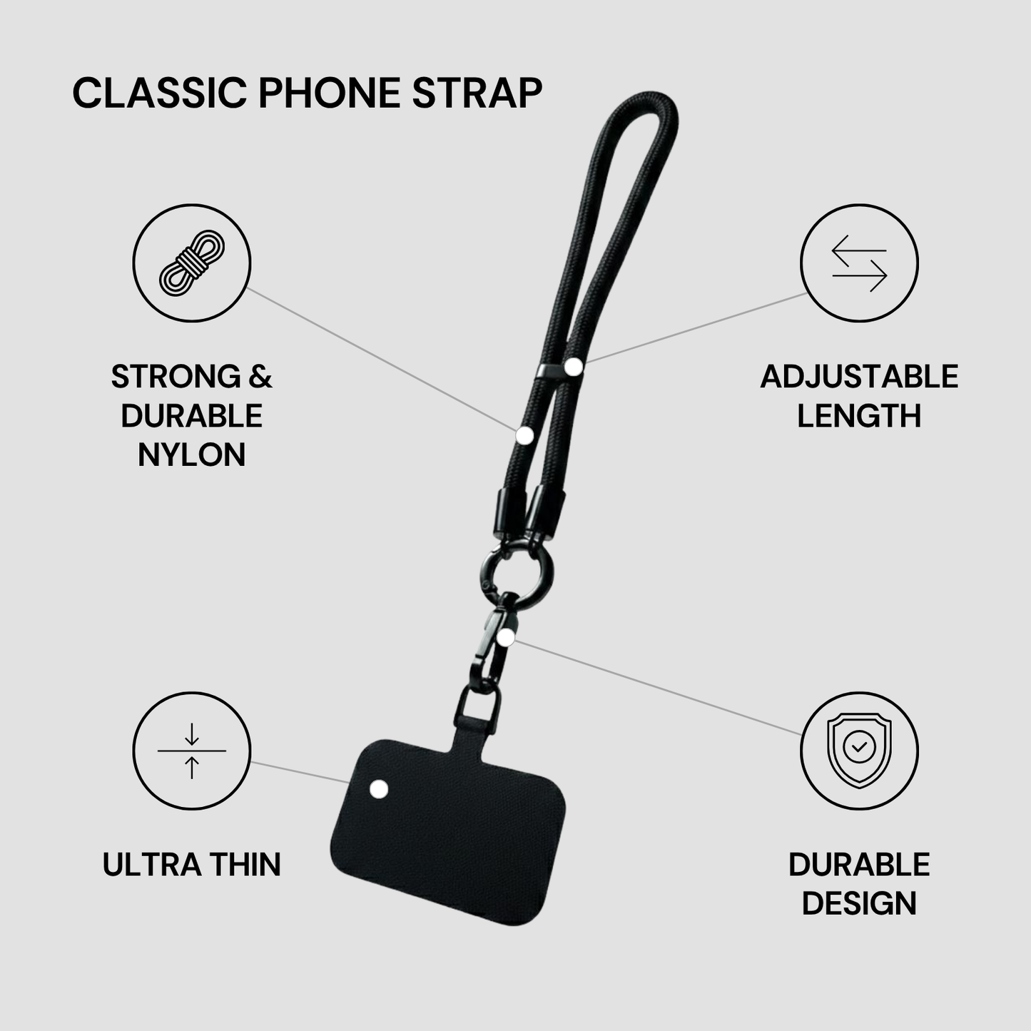 Black phone strap with features listed on a gray background