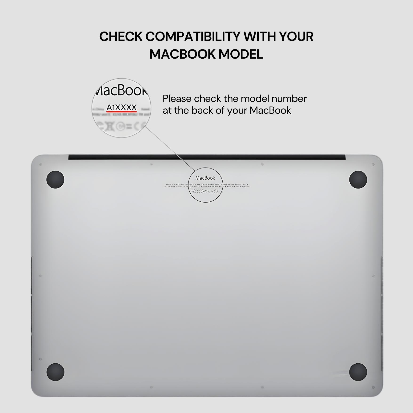 Back view of a MacBook with instructions on checking model compatibility.