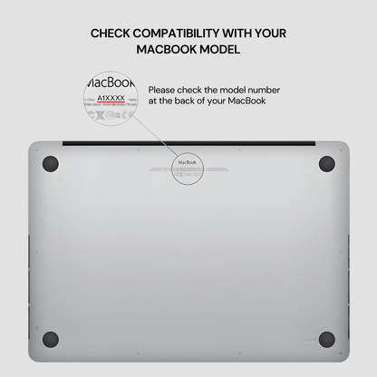 Back view of a MacBook with instructions on checking model compatibility.