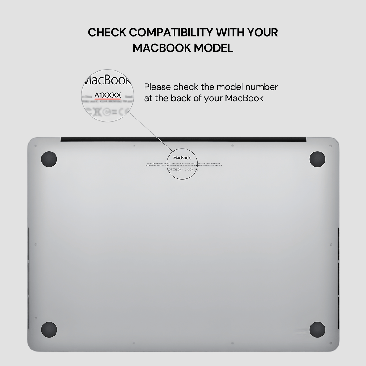 A silver laptop bottom cover shown on a light gray background with text advising users to check compatibility with their MacBook model and pointing to the MacBook logo area on the underside.