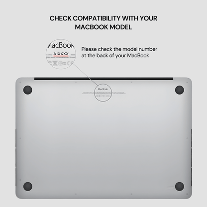 A silver laptop bottom cover shown on a light gray background with text advising users to check compatibility with their MacBook model and pointing to the MacBook logo area on the underside.
