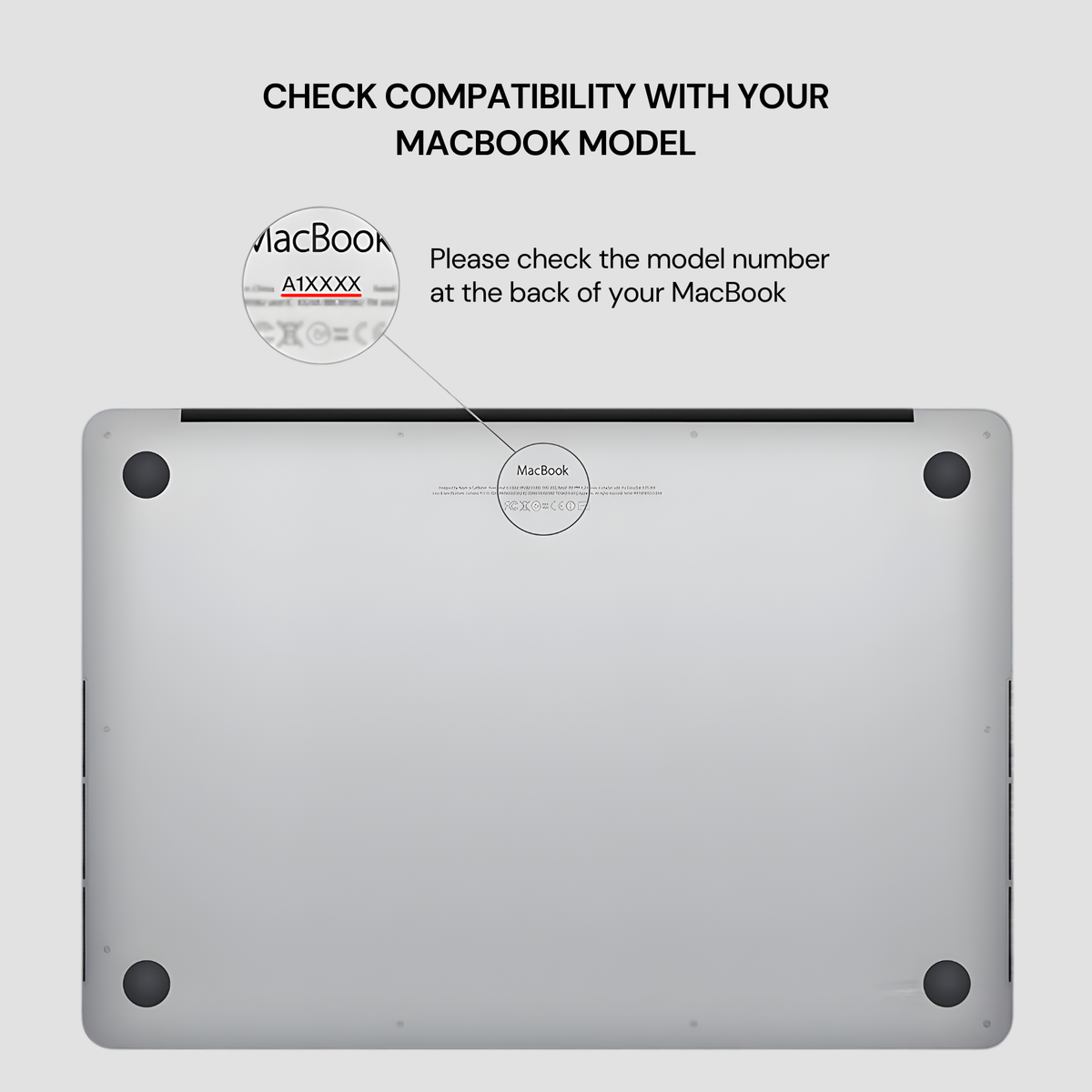 Back view of a MacBook with instructions to check compatibility and model number.