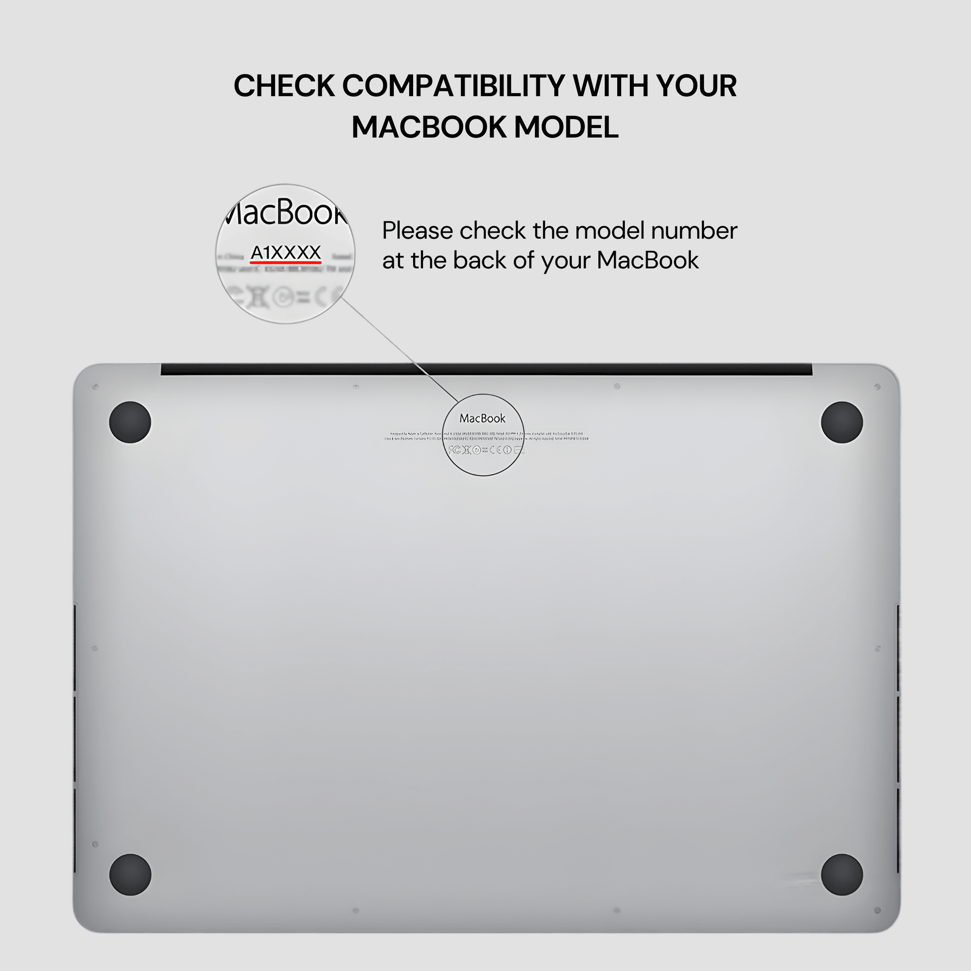 Back view of a MacBook with compatibility check instructions on a light gray background