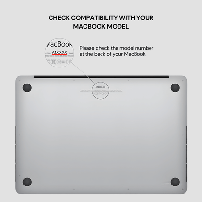 Back view of a MacBook with compatibility check instructions on a light gray background