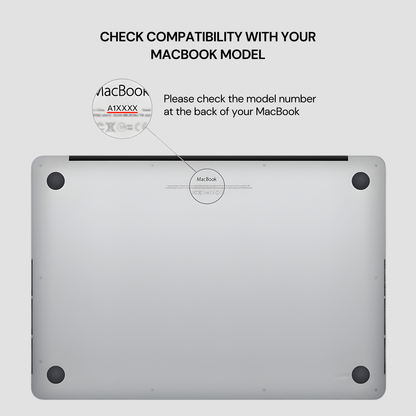 A silver MacBook backplate shown from the underside on a light gray background, with text above stating 'CHECK COMPATIBILITY WITH YOUR MACBOOK MODEL' and a circular callout pointing to the MacBook logo area on the device.