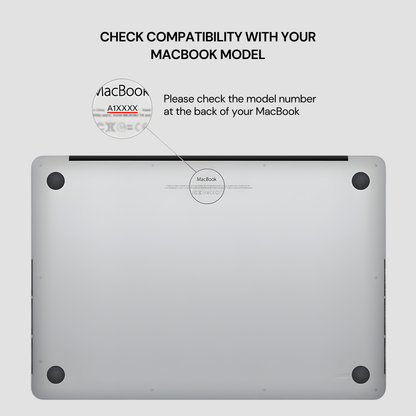 Back view of a MacBook with instructions on checking compatibility and model number.