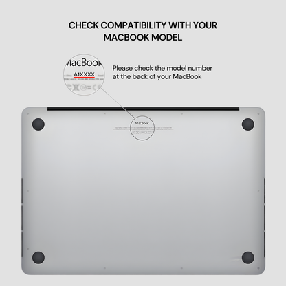 Back view of a MacBook with instructions on checking compatibility.