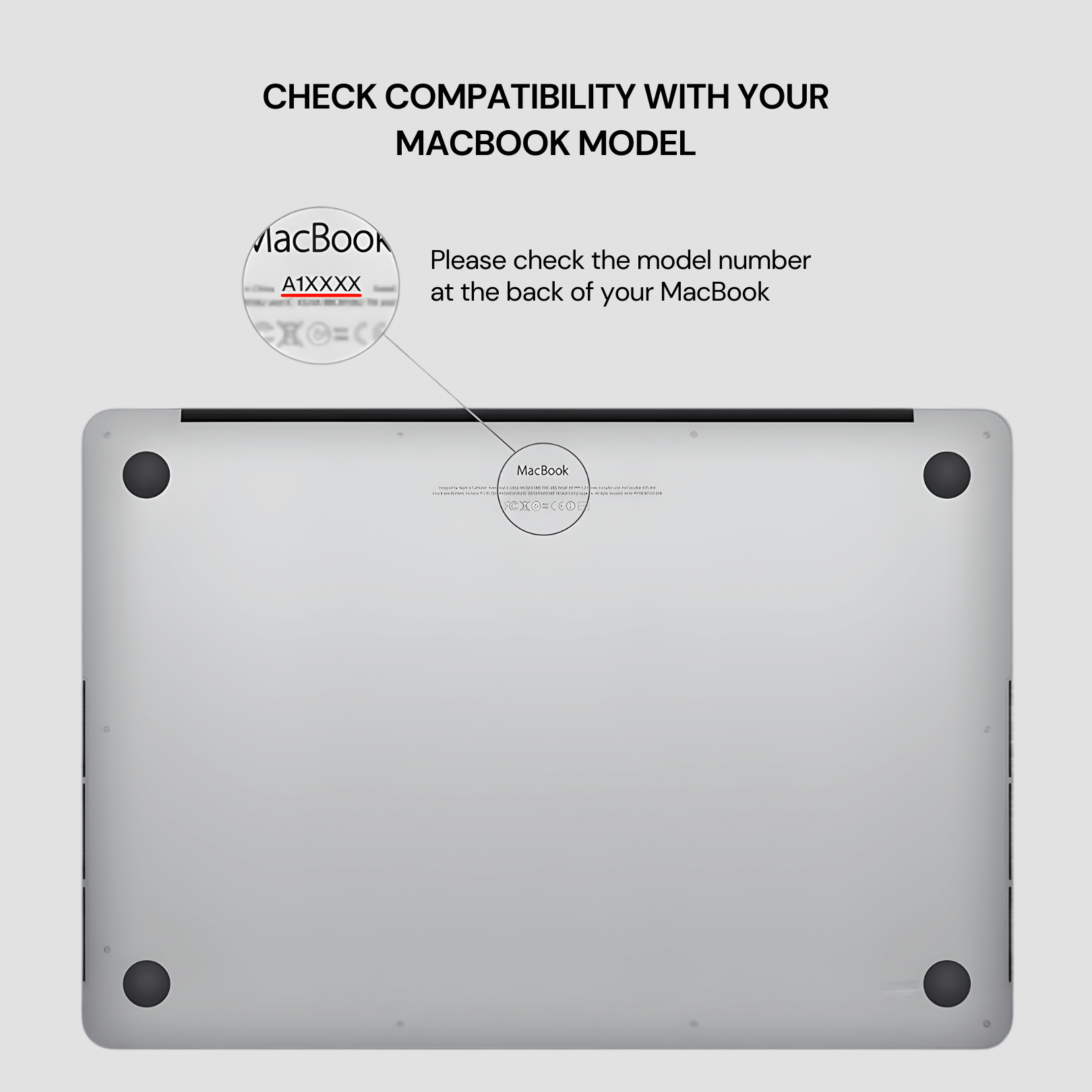 Back view of a MacBook with instructions on checking model compatibility.
