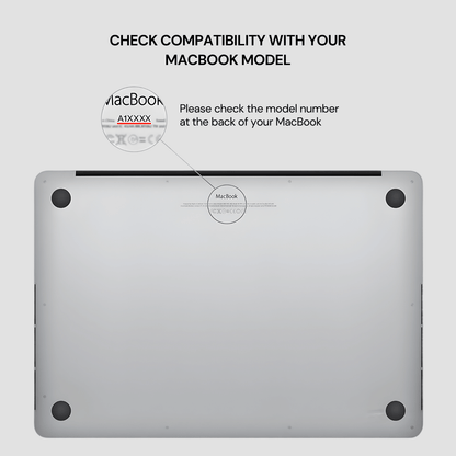 Back view of a MacBook with instructions on checking model compatibility.