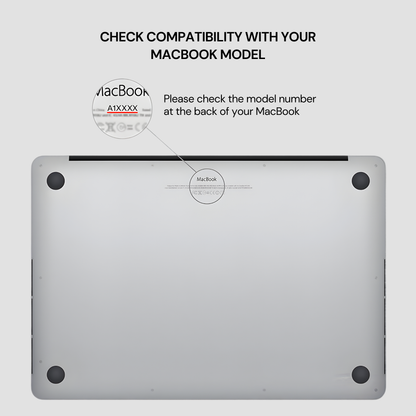 Back view of a MacBook with instructions on checking compatibility and model number.