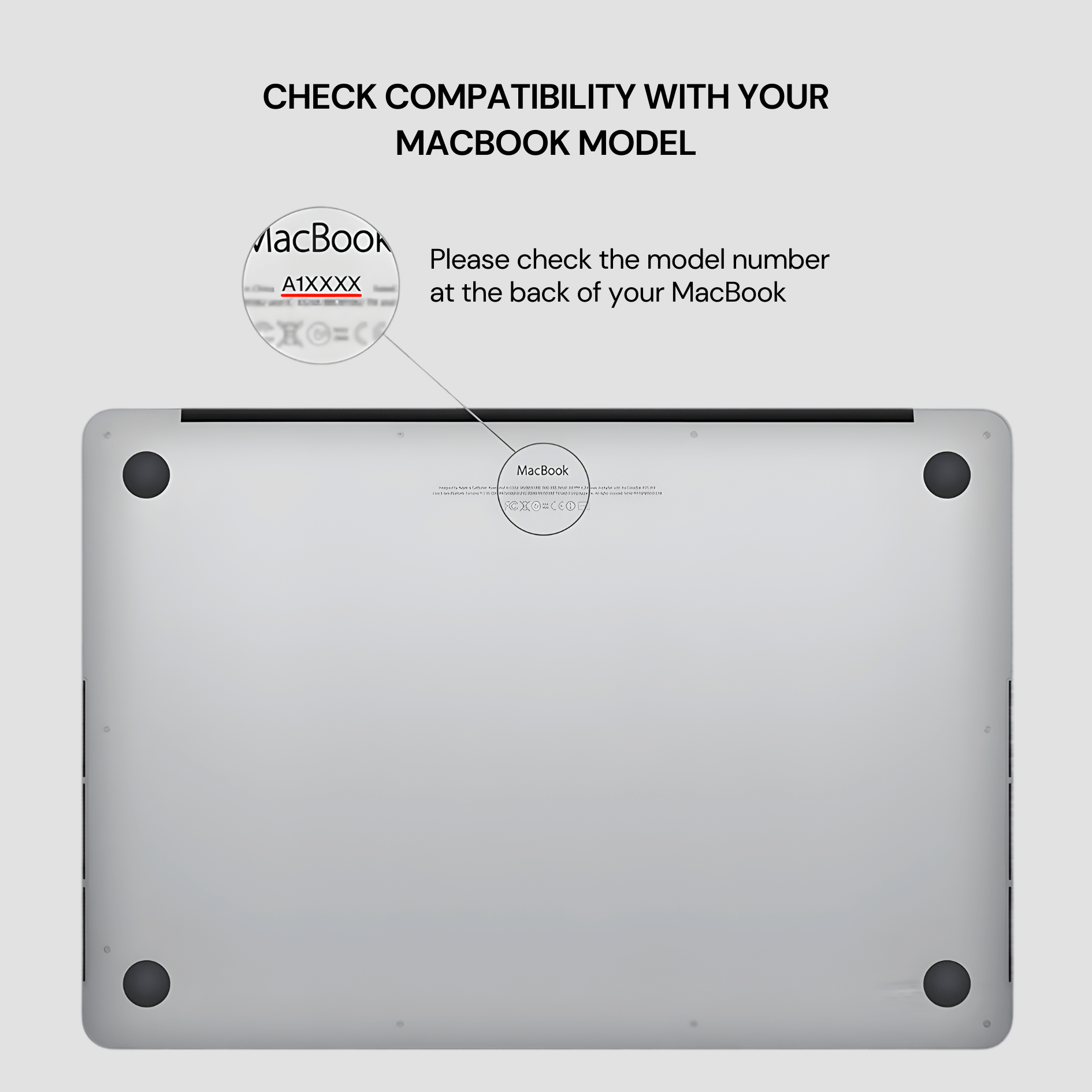 Back view of a MacBook with compatibility check instructions on a light gray background