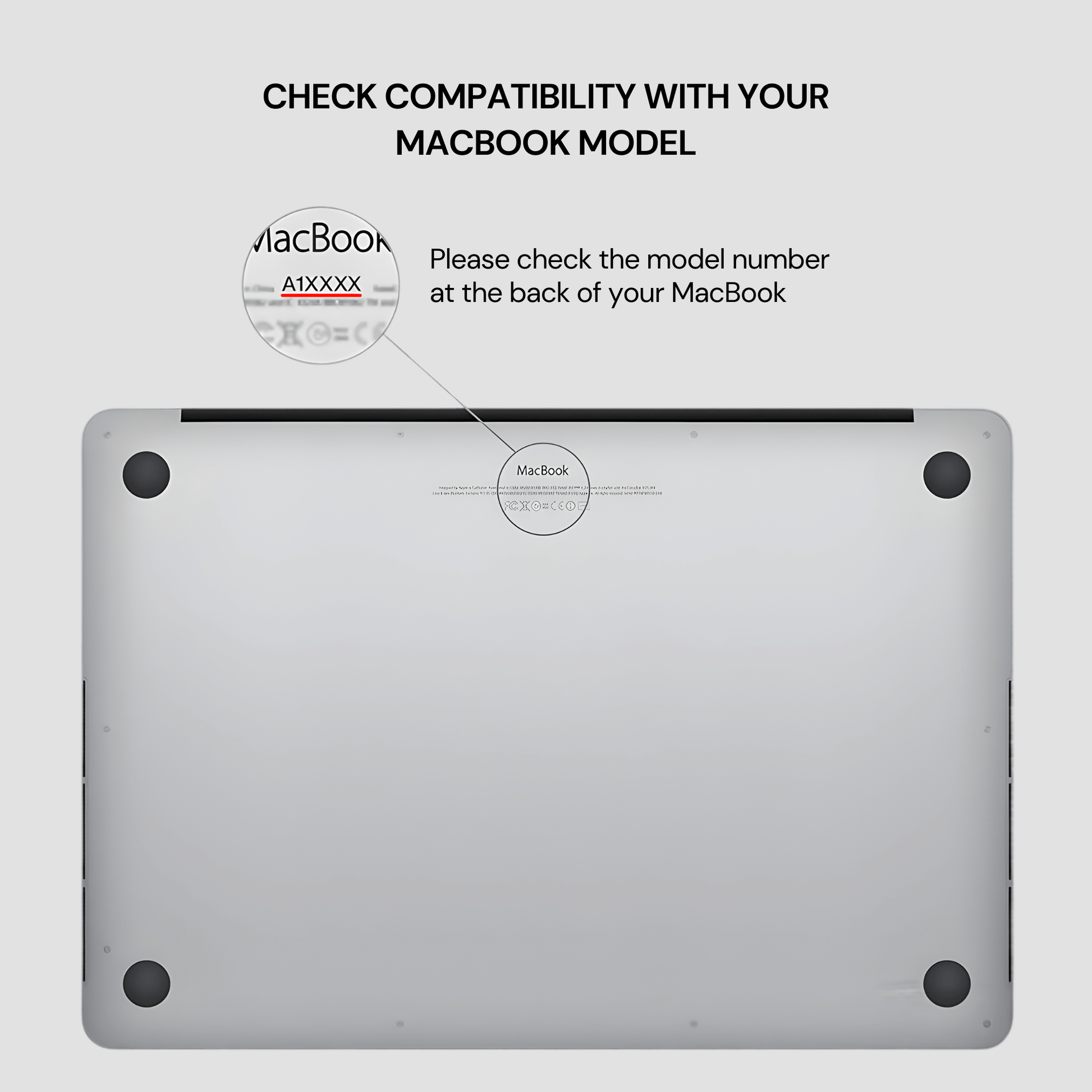 Back view of a MacBook with text instructing to check compatibility and model number.
