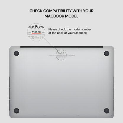 Back view of a MacBook with instructions on checking compatibility. | Casenari