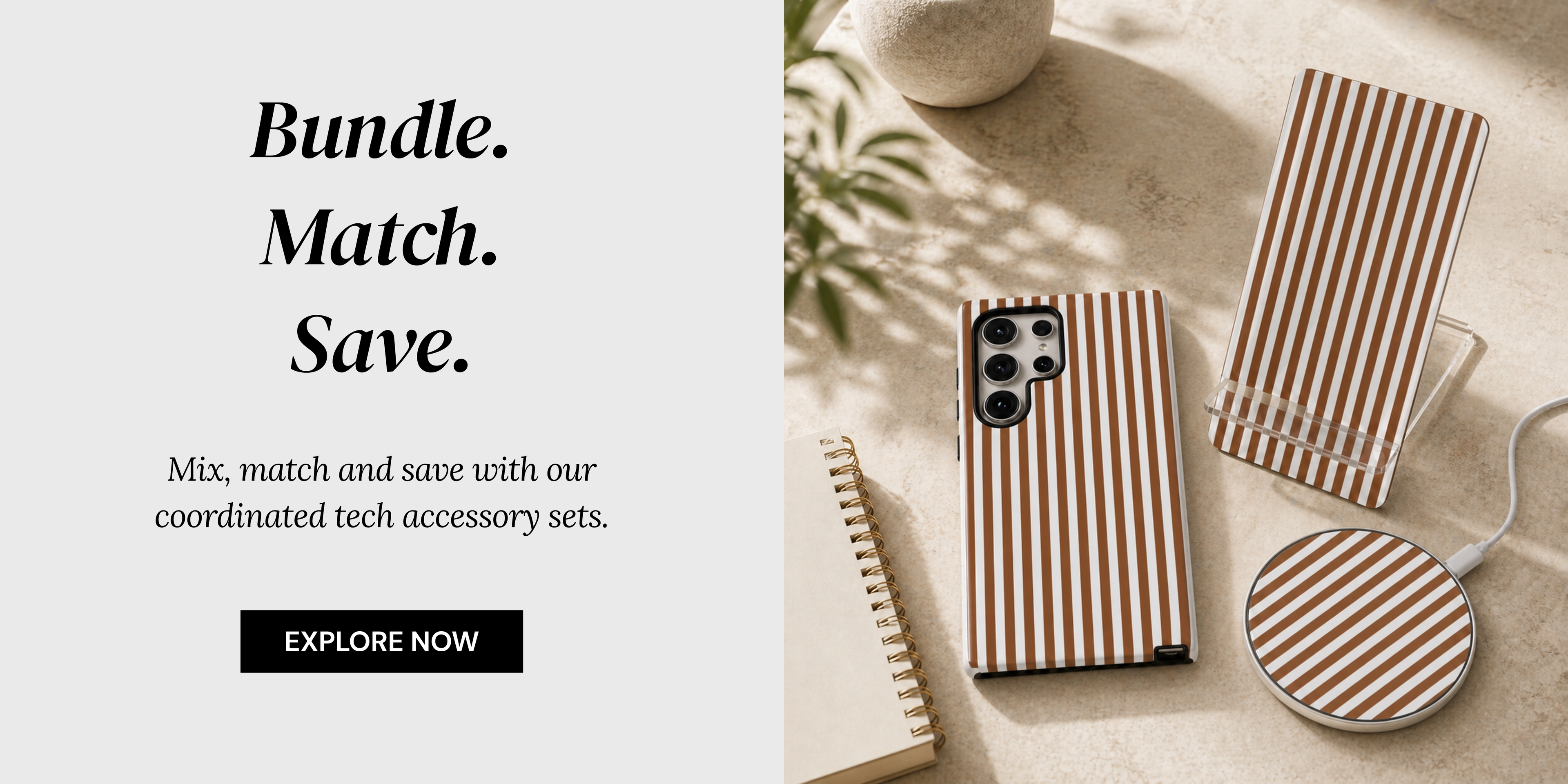 Striped phone case, power bank, and notebook on a light surface with text overlay.