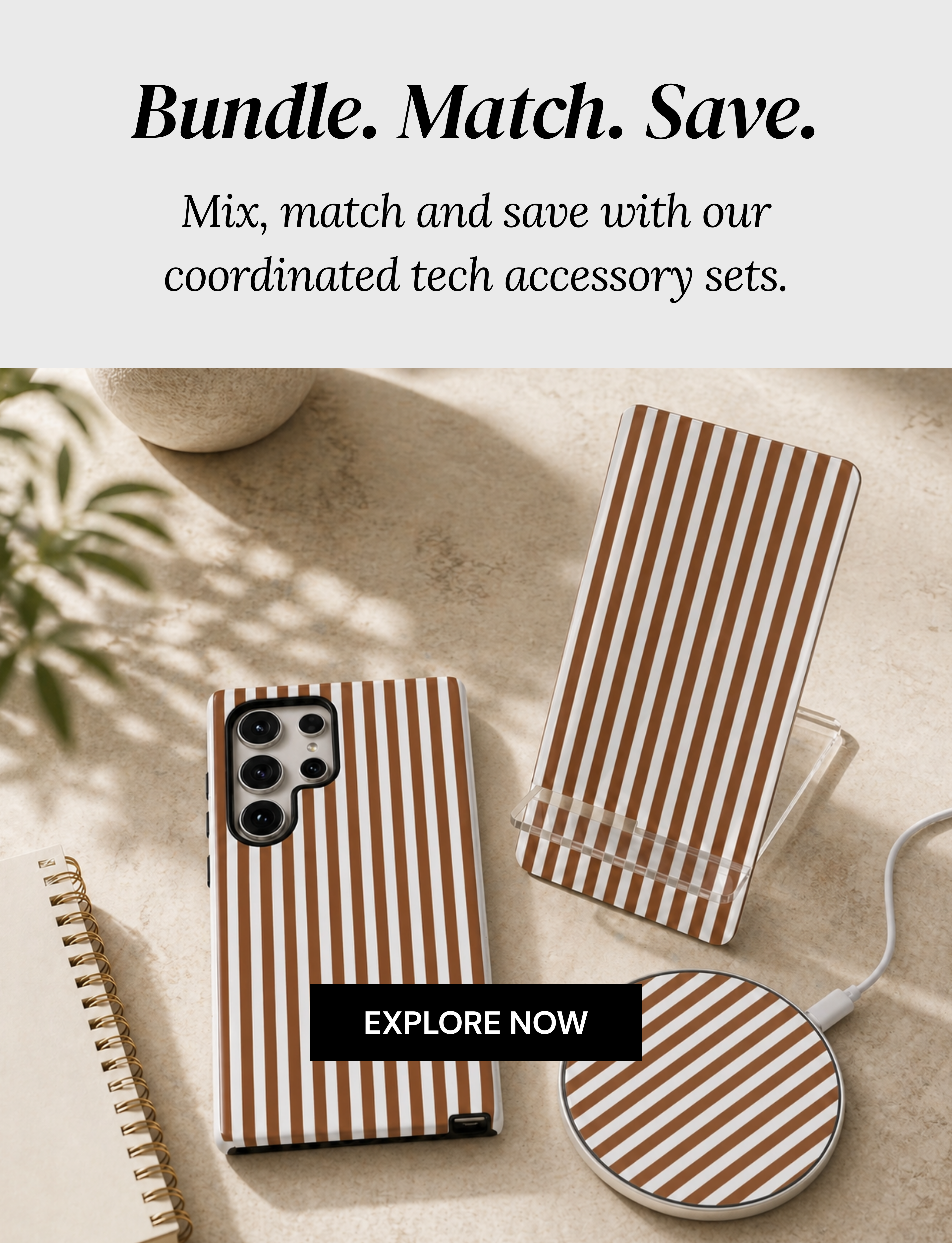 Striped phone case, charging pad, and pen on a textured surface with 'Bundle. Match. Save.' text.
