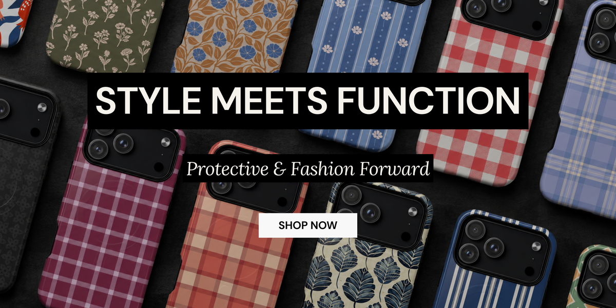 A promotional collage showing multiple smartphone cases in different patterns and colors, including plaid, stripes, floral, and leaf prints, arranged on a dark background. Large overlaid text reads 'STYLE MEETS FUNCTION' with smaller text 'Protective & Fashion Forward' and a 'SHOP NOW' button.