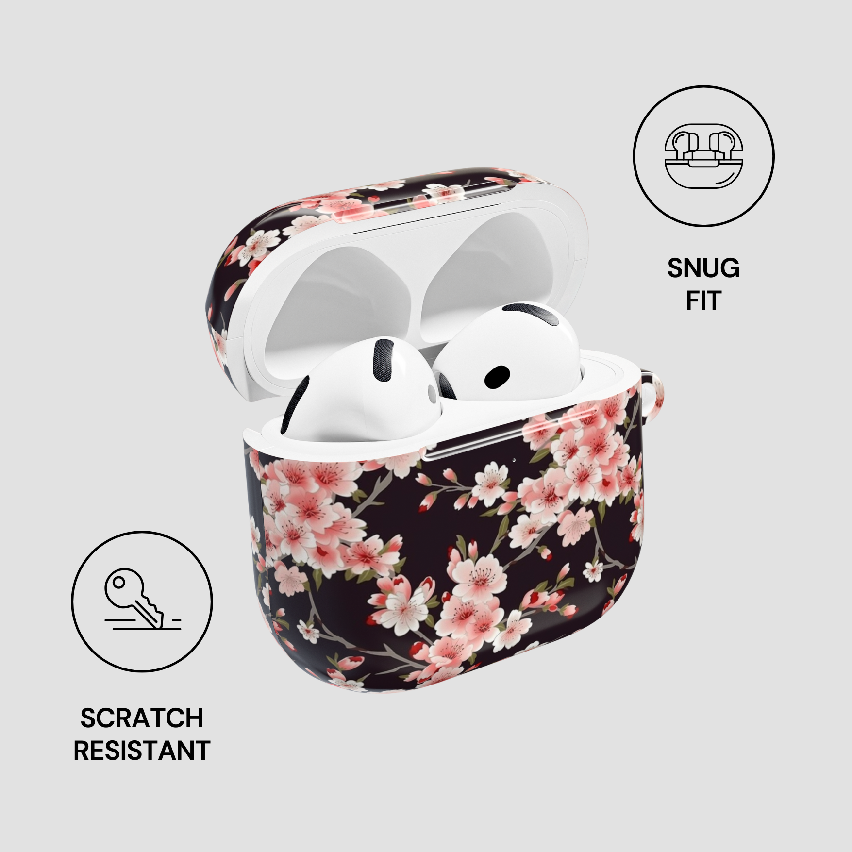 Floral design case for wireless earbuds with 'Snug Fit' and 'Scratch Resistant' features on a light gray background. | casenari