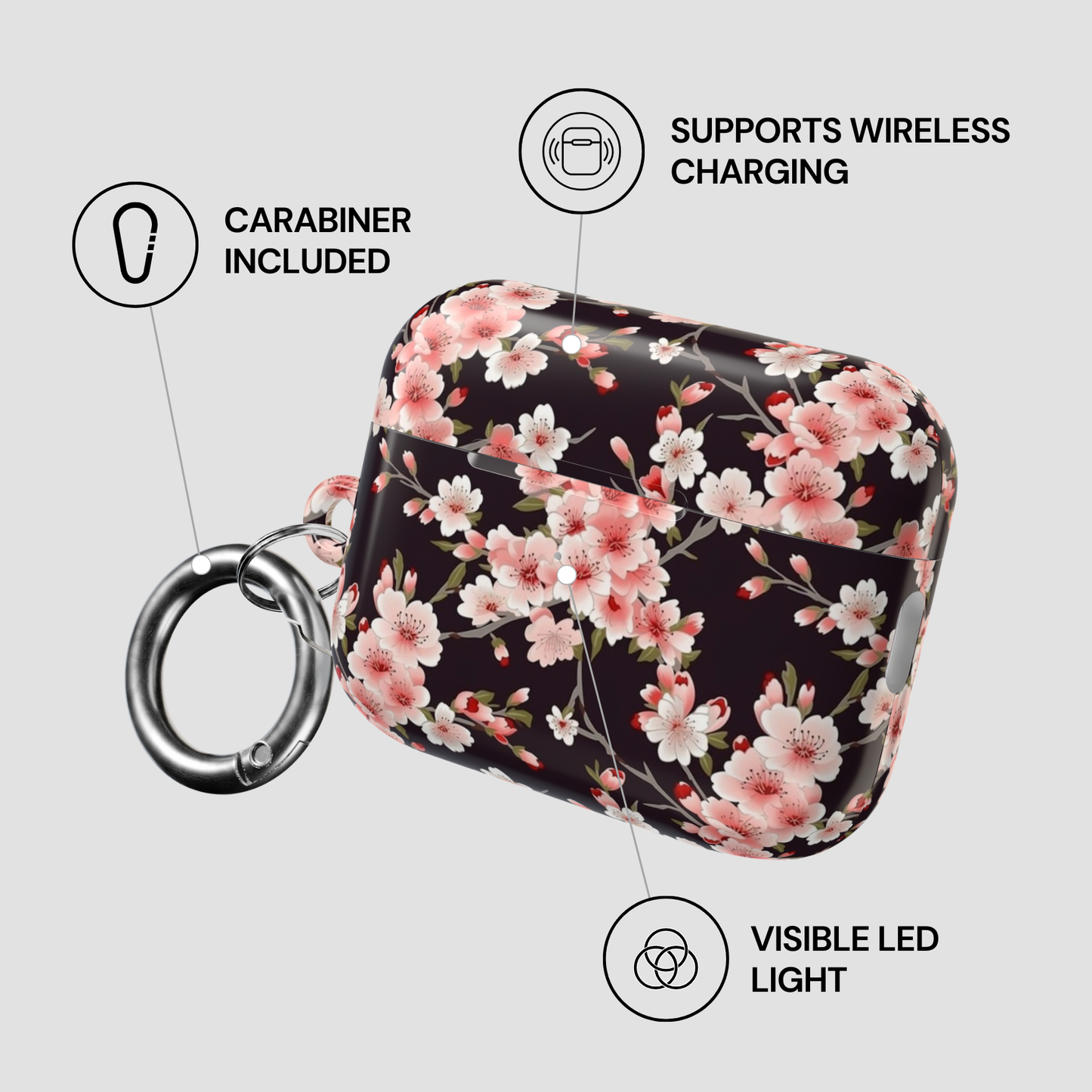 Floral case with carabiner and wireless charging features on a gray background | casenari