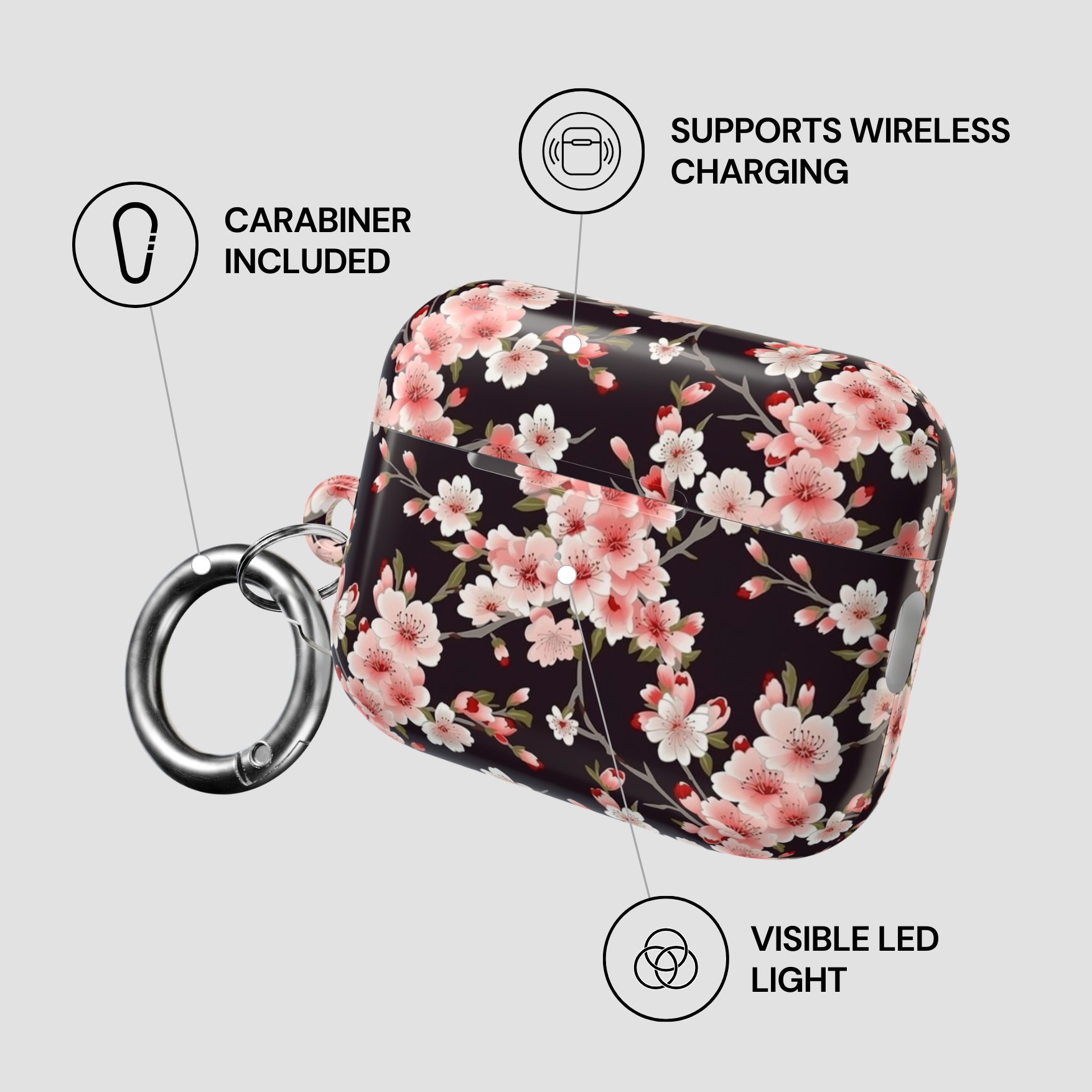 Floral case with carabiner and wireless charging features on a gray background | casenari