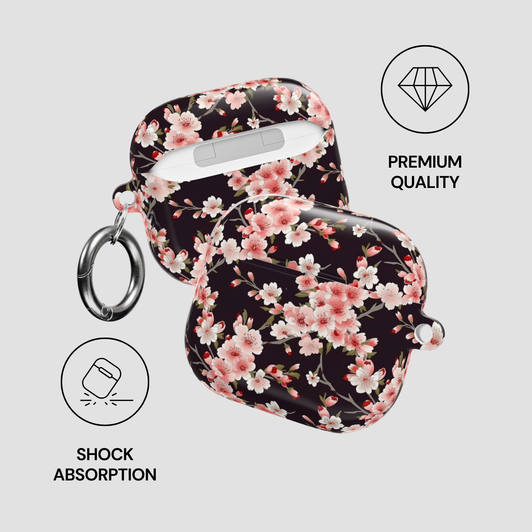 Floral patterned case for wireless earbuds with 'Premium Quality' and 'Shock Absorption' icons on a light gray background. | casenari