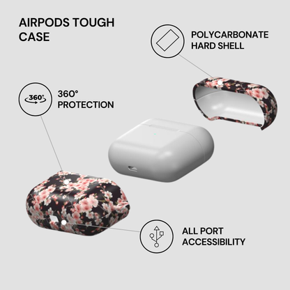 AirPods tough case with floral design, polycarbonate hard shell, 360° protection, and all port accessibility on a gray background. | casenari