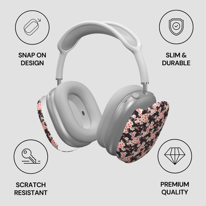 Gray headphones with floral accents on a light gray background with feature icons.  | Casenari