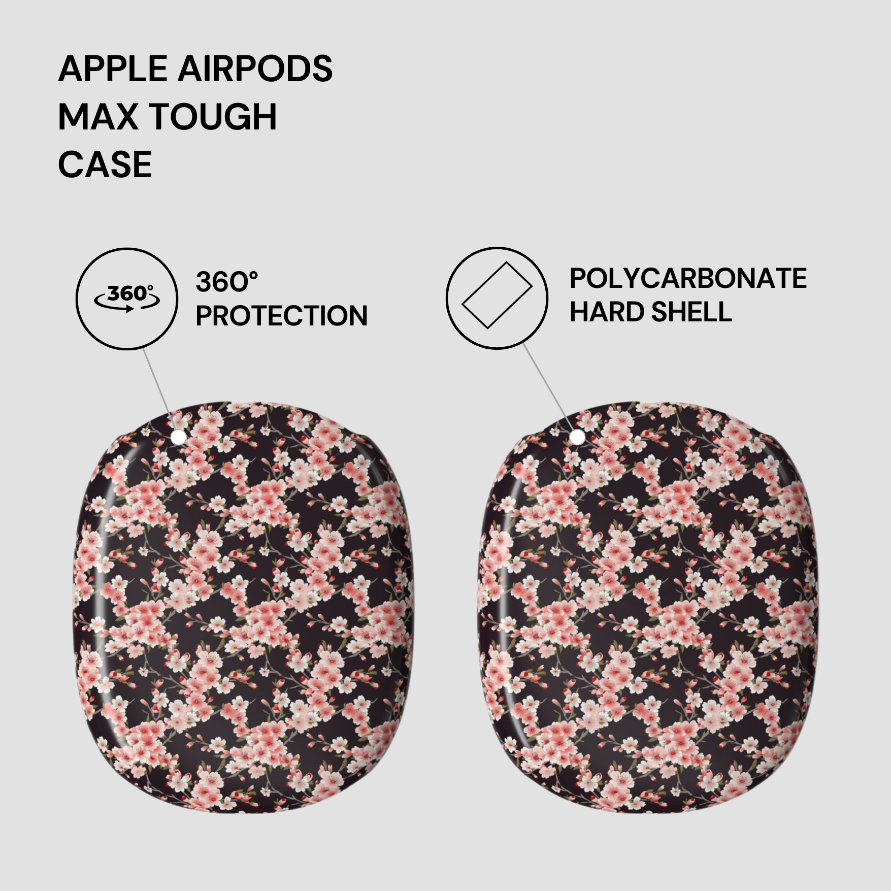 Floral patterned Apple AirPods Max Tough case with protective features highlighted on a light gray background. | Casenari