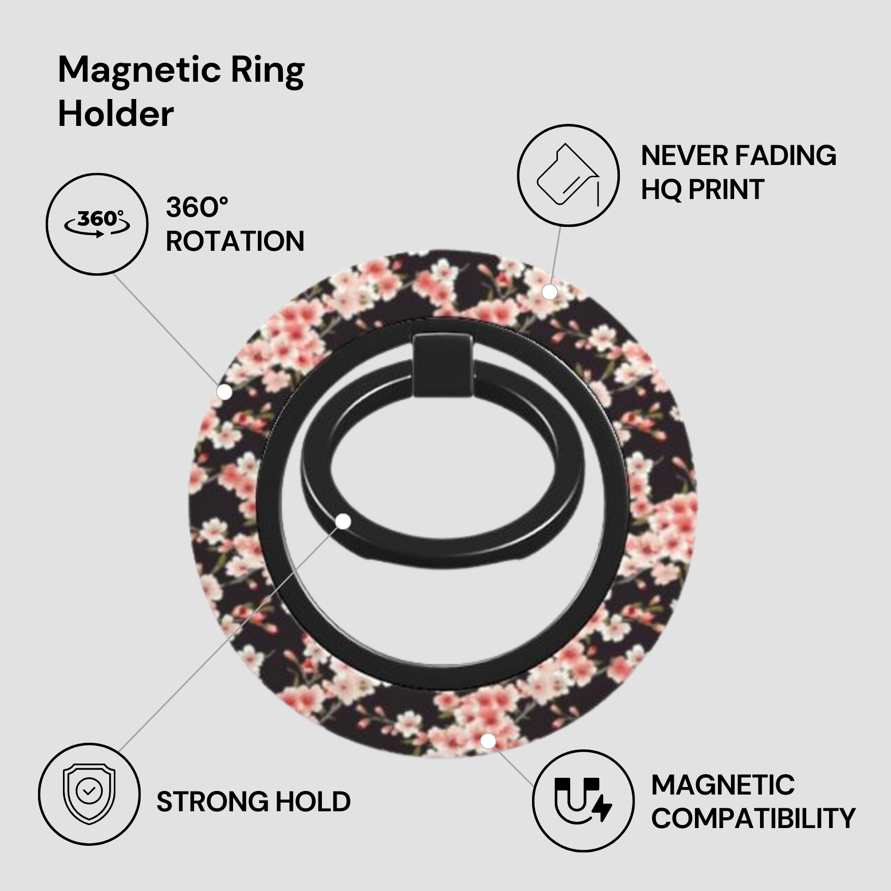 Floral magnetic ring holder with features listed on a gray background | Casenari
