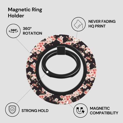 Floral magnetic ring holder with features listed on a gray background | Casenari