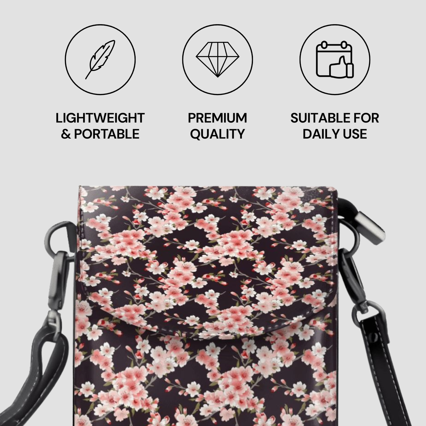 Floral patterned bag with features labeled on a light gray background | Casenari
