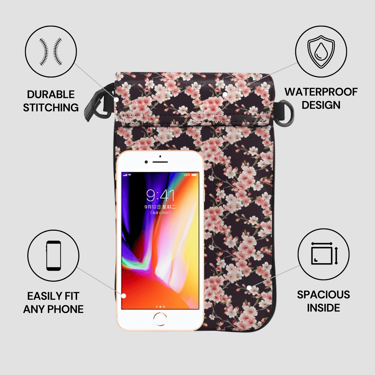 Floral patterned phone pouch with smartphone inside, surrounded by icons and text highlighting features. | Casenari
