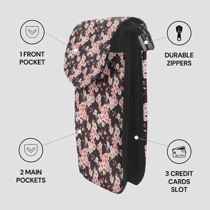 Floral patterned wallet with features highlighted on a light gray background | Casenari