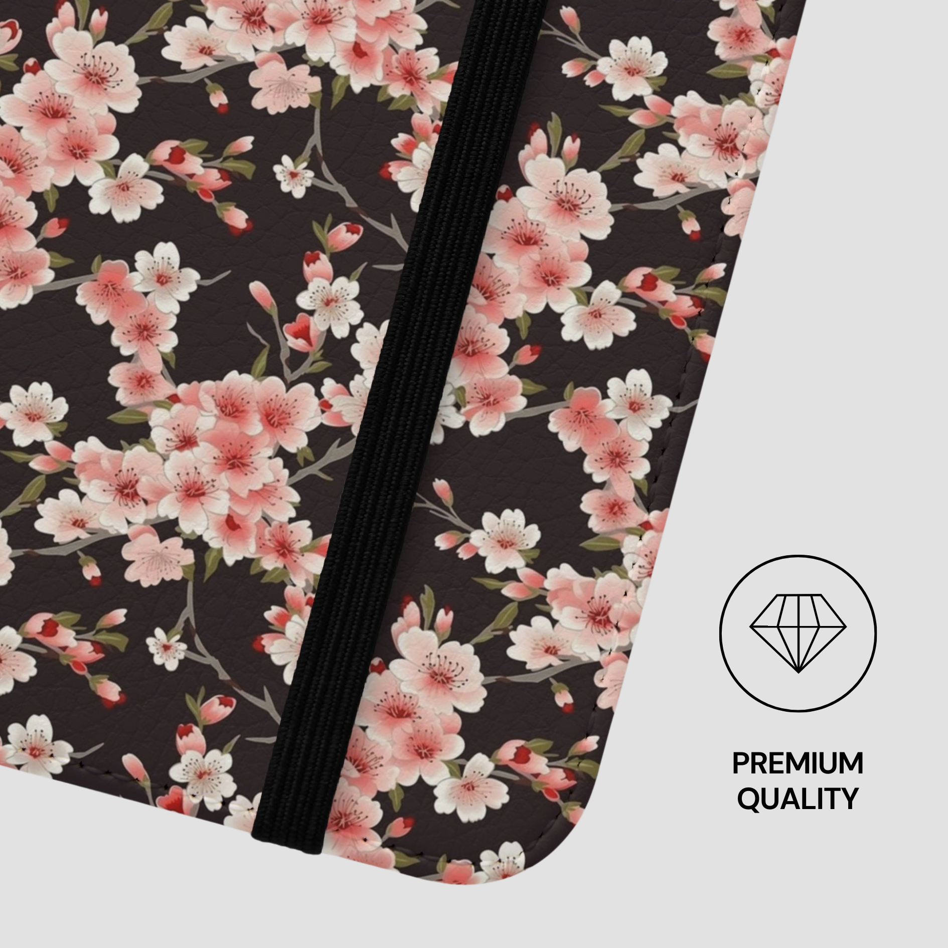 Floral patterned product with a black strip and 'Premium Quality' label. | Casenari