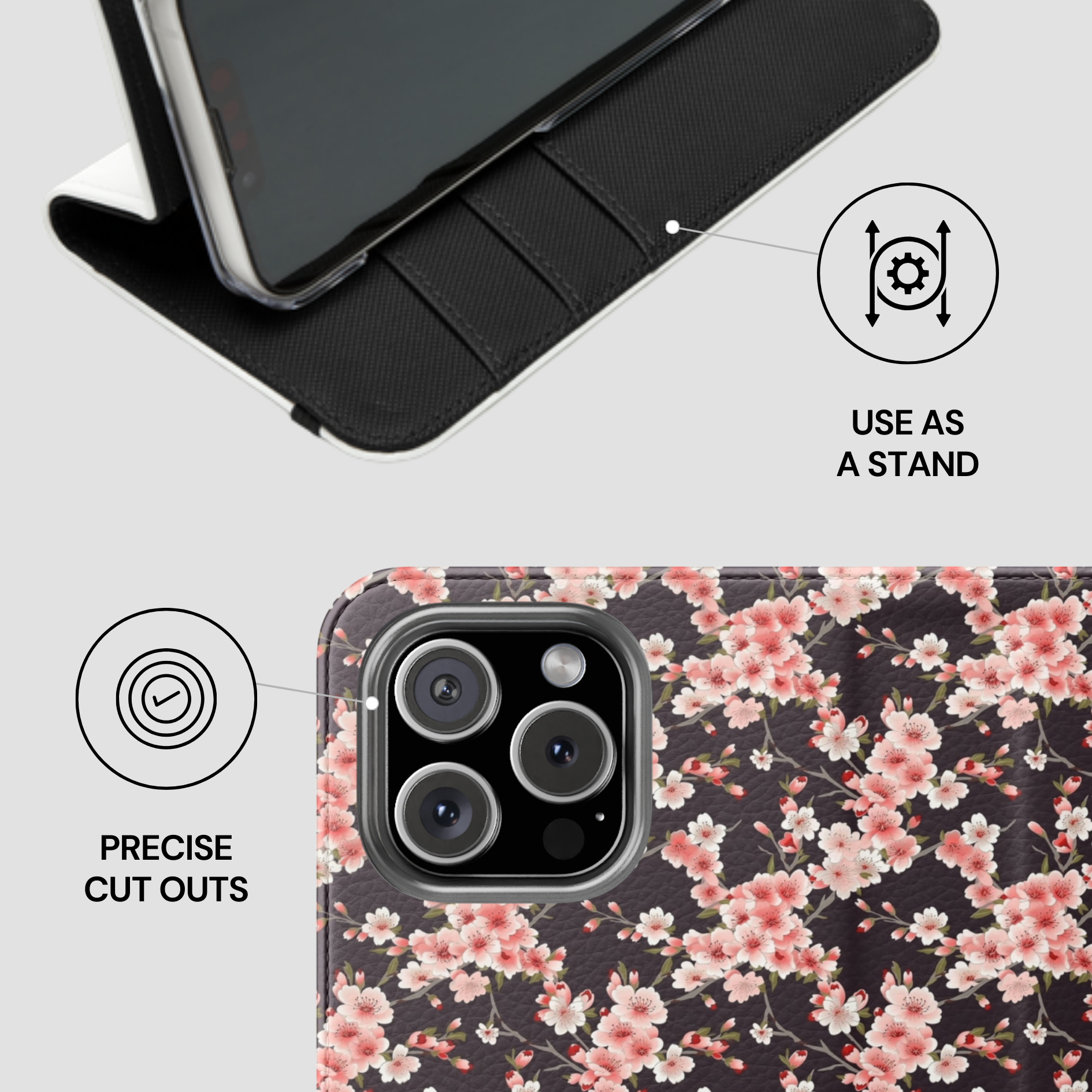 Phone case with floral design and features highlighted on a light gray background | Casenari