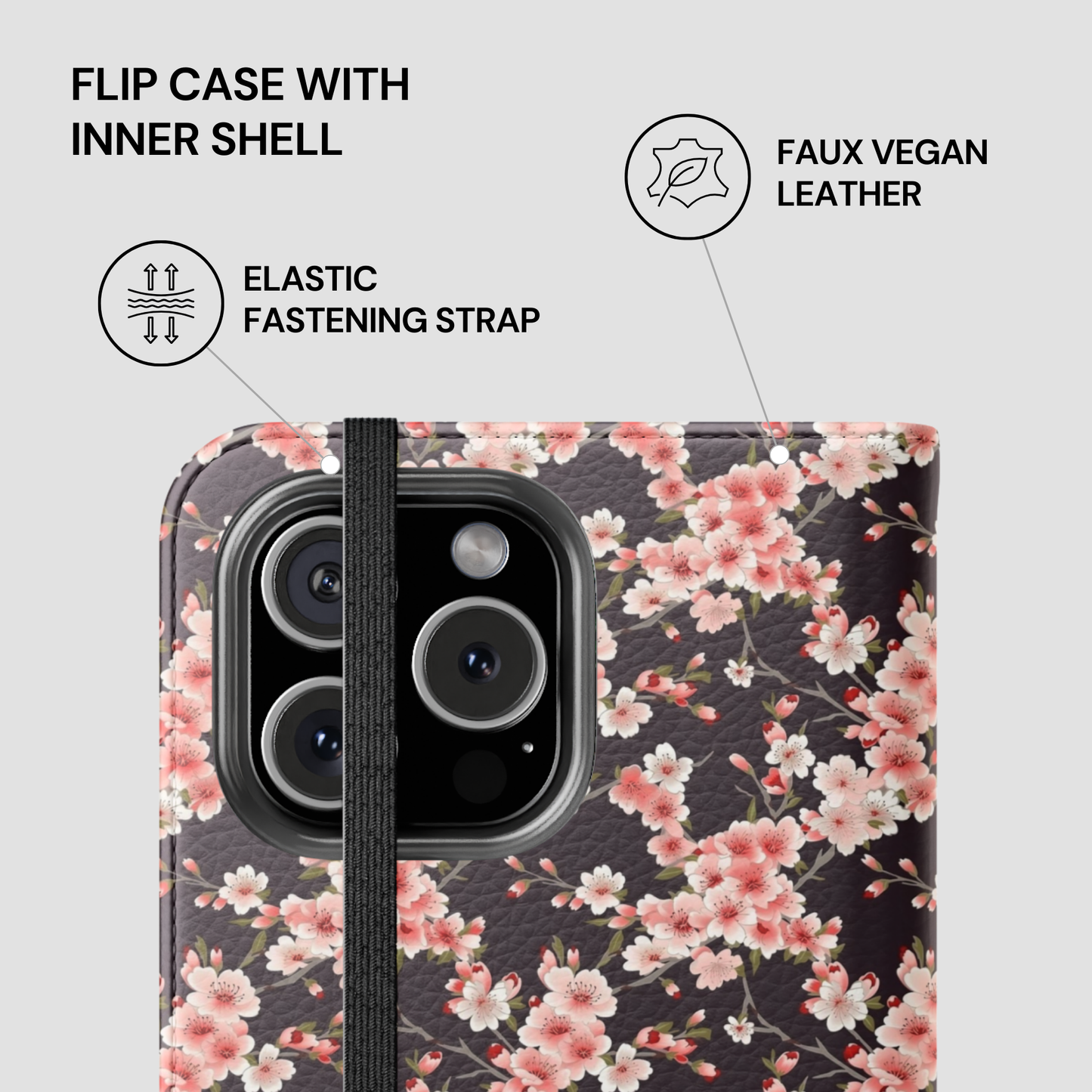 Floral phone case with features highlighted on a light gray background | Casenari