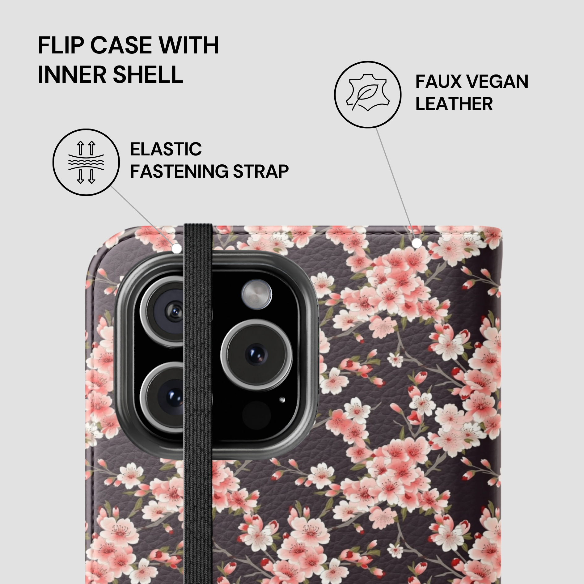 Floral phone case with features highlighted on a light gray background | Casenari
