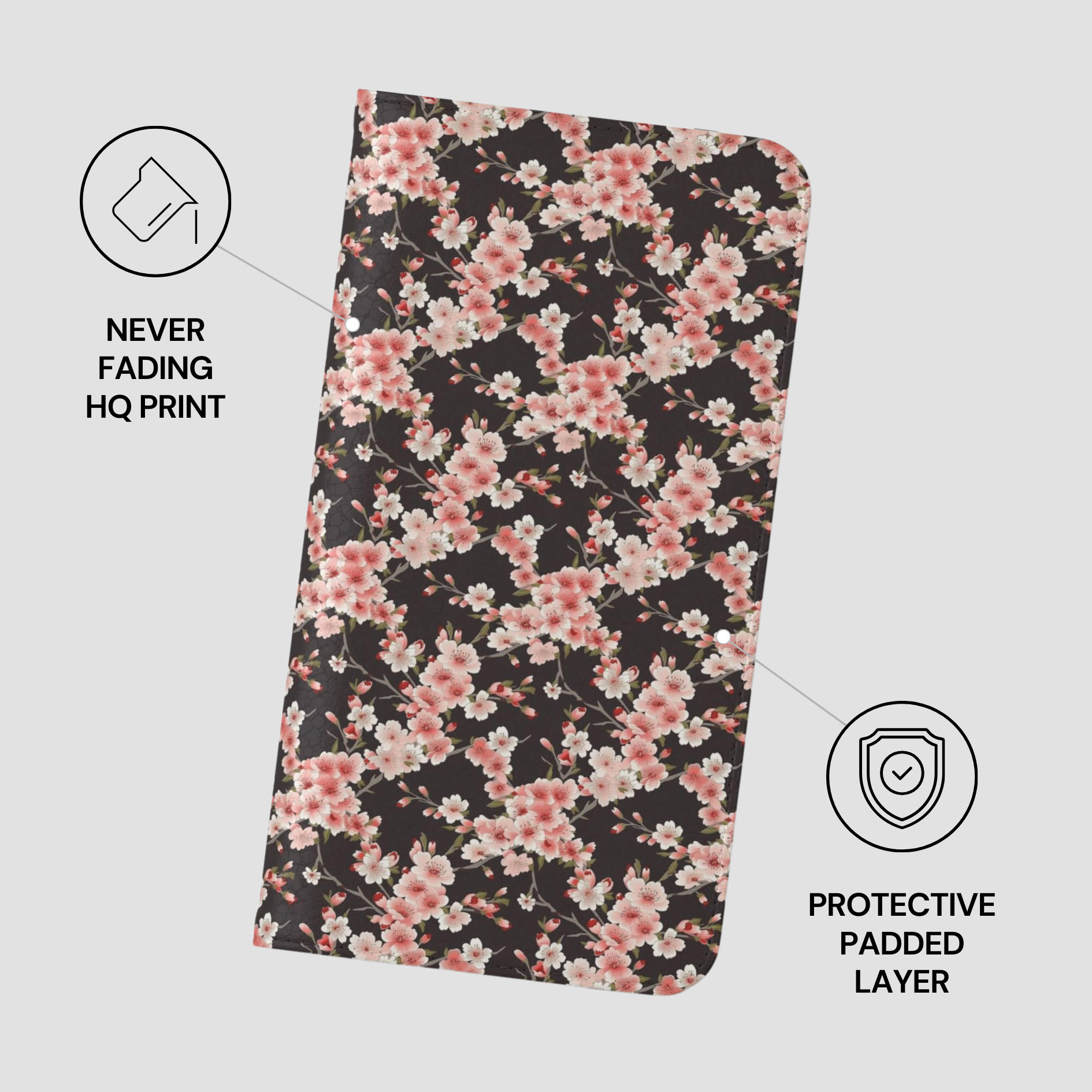 Floral patterned product with 'Never Fading HQ Print' and 'Protective Padded Layer' text on a white background | Casenari