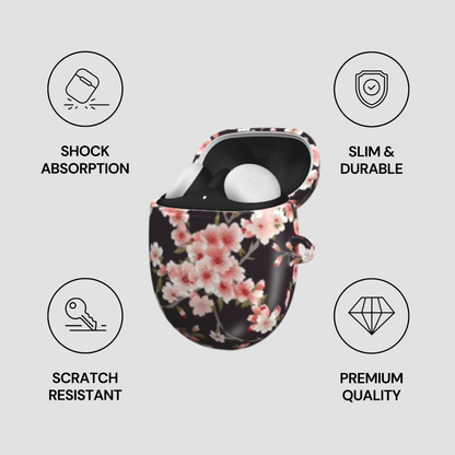 Floral earbud case with features listed on a light gray background | Casenari