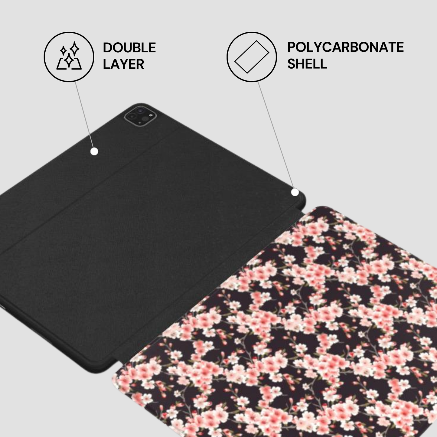 Floral and black tablet cases with text labels on a light gray background | Casenari