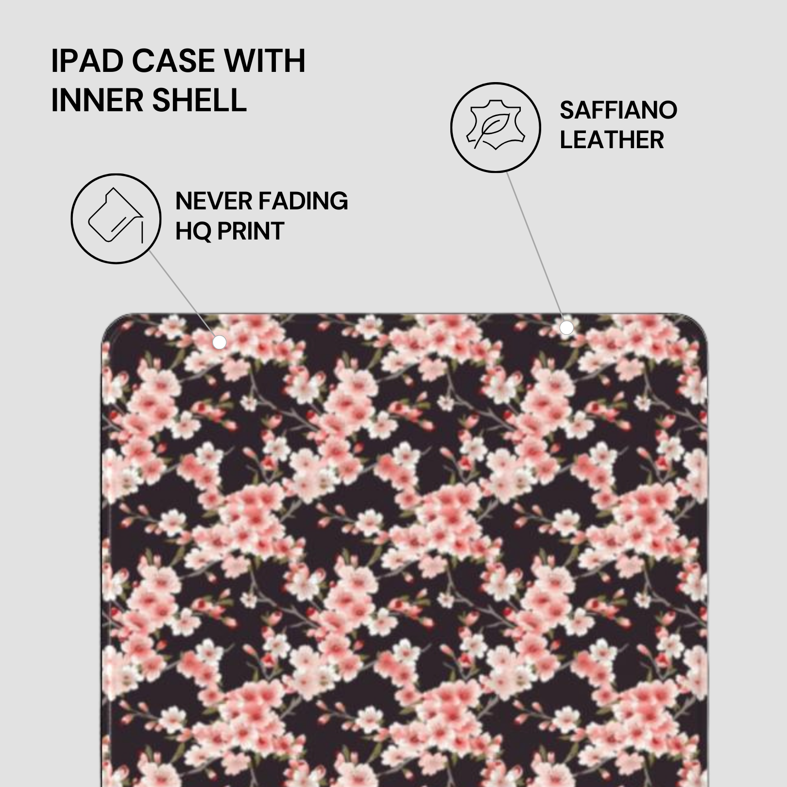 Floral iPad case with saffiano leather inner shell on a light gray background | Casenari