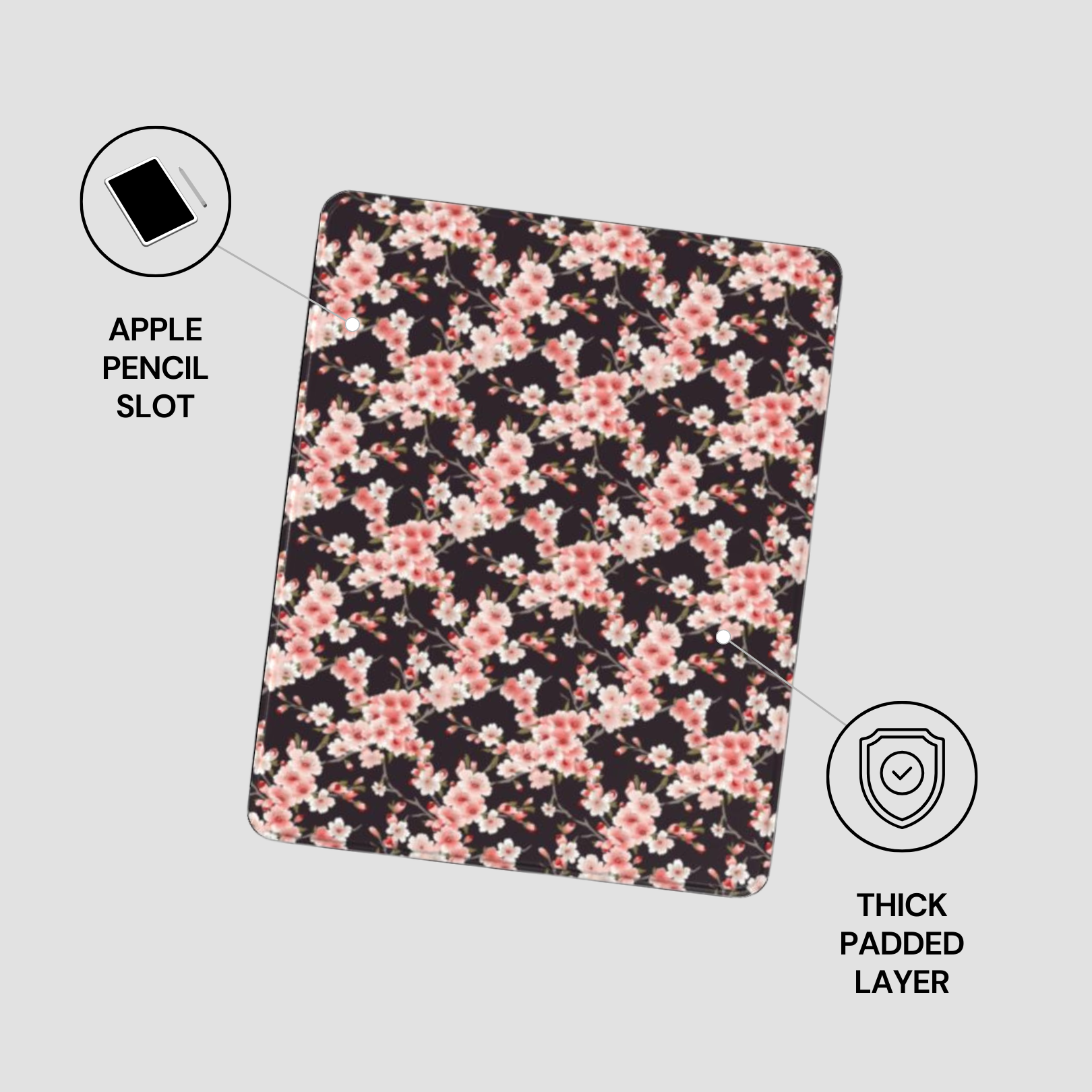 Floral patterned case with Apple Pencil slot and thick padded layer on a light gray background | Casenari